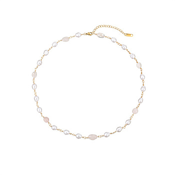 Stainless Steel Link Chain Necklaces for Women, with Natural Pearl and Natural Rose Quartz Chip Beads, Golden, 16.93 inch(43cm)