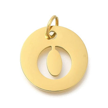 Ion Plating(IP) 304 Stainless Steel Pendants, with Jump Ring, Laser Cut, Flat Round with Letter Charm, Real 18K Gold Plated, Letter O, 20x1mm, Hole: 4.5mm