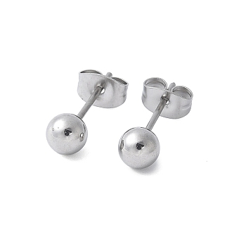 304 Stainless Steel Stud Earrings for Women, Round, Stainless Steel Color, 5mm