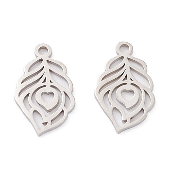 201 Stainless Steel Pendants, Laser Cut, Hollow, Manual Polishing, Leaf, Stainless Steel Color, 17.5x11x1mm, Hole: 1.6mm