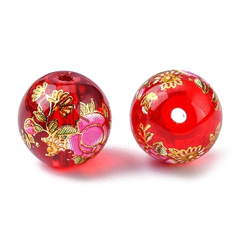 Flower Picture Printed Glass Round Beads, Red, 10mm, Hole: 1mm