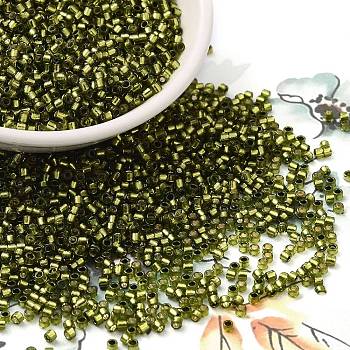 Glass Seed Beads, Silver Lined, Cylinder, Olive Drab, 2x1.5mm, Hole: 1.4mm, about 5599pcs/50g