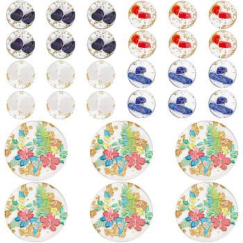 PandaHall Elite 30Pcs 5 Style Transparent Epoxy Resin Pendants, with Natural & Synthetic Gemstone with Gold Foil inside, Flat Round, 6pcs/style