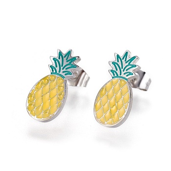 304 Stainless Steel Enamel Stud Earrings, with Ear Nuts/Earring Back, Pineapple, Yellow, Stainless Steel Color, 16x7x2mm, Pin: 0.6mm, 6pairs/card