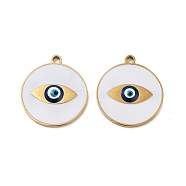 Ion Plating(IP) 316 Surgical Stainless Steel Pendants, Nickel Free, with Enamel, Real 18K Gold Plated, Flat Round Charm, Evil Eye, 20x18x2mm, Hole: 1.6mm(STAS-U014-58B-02)