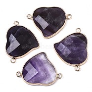 Natural Amethyst Links Connectors, with Edge Light Gold Plated Brass Findings, Faceted, Heart, 26x34.5x6mm, Hole: 3mm(G-S359-103B)