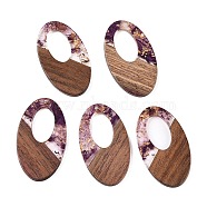 Transparent Resin and Walnut Wood Pendants, Hollow Oval Charms with Gold Foil, Purple, 49.5x28x4mm, Hole: 2mm, (RESI-T057-02H)