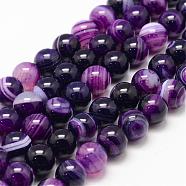 Natural Striped Agate/Banded Agate Bead Strands, Round, Grade A, Dyed & Heated, Purple, 10mm, Hole: 1mm, about 37~38pcs/strand, 14.5 inch(G-K155-A-10mm-11)