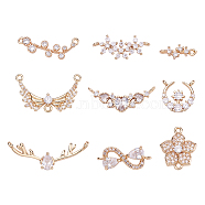 18Pcs 9 Style Brass Micro Pave Clear Cubic Zirconia Links Connectors, Long-Lasting Plated, Infinity & Heart & Flower & Round & Moon & Wing & Deer Horn, Light Gold, 2pcs/style(KK-SK0001-01)