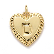 Rack Plating Real 18K Gold Plated Brass Pendants, with Jump Rings, Long-Lasting Plated, Lead Free & Cadmium Free & Nickel Free, Heart with Letter A~Z, Letter.D, 16x15x2.5mm, Jump Ring: 5x0.5mm, 3mm Inner Diameter(KK-E260-01G-D)