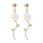 Sunflower Natural Shell Beads Long Dangle Stud Earrings for Her, Wire Wrap Drop Earrings, Golden, White, 50mm, Pin: 0.8mm(EJEW-TA00021)