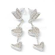 Brass Micro Pave Clear Cubic Zirconia Dangle Stud Earrings, with Ear Nuts, Arrow & Heart, Platinum, 37mm, Pin: 0.6mm(EJEW-L234-043P)