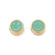 Ion Plating(IP) 304 Stainless Steel Enamel Beads, Flat Round with Smiling Face, Golden, Dark Turquoise, 5x2.5mm, Hole: 1.2mm(STAS-I309-12E)