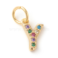 Brass Micro Pave Colorful Cubic Zirconia Charms, Golden, Letter.Y, 8.5x6x2mm, Hole: 3mm(ZIRC-F092-01-Y)