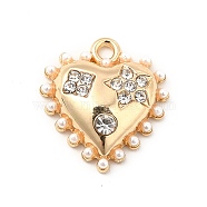 Alloy Crystal Rhinestone Pendants, with ABS Plastic Imitation Pearl Beads, Heart Charms, Golden, 17x15.5~16x4.5mm, Hole: 1.6mm(ALRI-K048-06G)