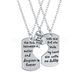 Family Alloy Quote Pendant Necklaces Sets, Split Heart with Word The Love Between a Mother and Daughter is Forever,Theres This Girl Who Stole My Heart She Calls Me Daddy, Platinum, 20.15 incehs(51.2cm), 3pcs/set(SJEW-K155-01P)