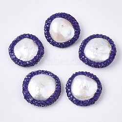 Polymer Clay Rhinestone Beads, with Natural Cultured Freshwater Pearl, Flat Round, Indigo, 19~22x19~21x5~8mm, Hole: 0.7mm(X-RB-S055-41F)