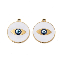 Ion Plating(IP) 316 Surgical Stainless Steel Pendants, Nickel Free, with Enamel, Real 18K Gold Plated, Flat Round Charm, Evil Eye, 20x18x2mm, Hole: 1.6mm(STAS-U014-58B-02)