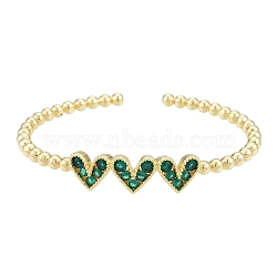 Cubic Zirconia Triple Heart Open Cuff Bangle, Real 18K Gold Plated Brass Jewelry for Women, Green, Inner Diameter: 1-7/8x2-1/8 inch(4.9x5.5cm)(BJEW-G651-09G-02)