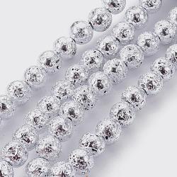 Electroplated Natural Lava Rock Bead Strands, Round, Silver, 8~9mm, Hole: 1.2mm, about 47pcs/strand, 15.7 inch(40cm)(X-G-E511-01G-8mm)