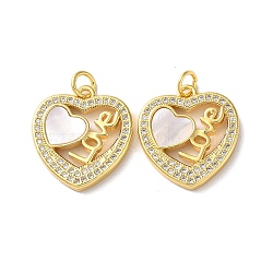 Valentine"s Day Brass Micro Pave Clear Cubic Zirconia Pendants, with Shell, Heart, Real 18K Gold Plated, 19.5x18x3mm, Hole: 3.5mm(KK-B083-41E-G)