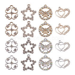 Spritewelry 32Pcs 8 Style UV Plated Alloy Pendants, with Crystal Rhinestone, Heart & Star & Clover & Flat Round, Platinum & Light Gold, 18~24x18~21.5x3~4mm, Hole: 1.5~3mm, 4pcs/style(FIND-SW0001-16)