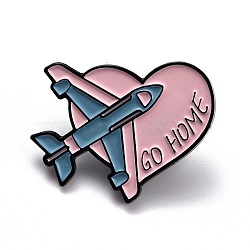 Go Home Word Enamel Pin, Heart with Plane Alloy Enamel Brooch for Backpack Clothes, Electrophoresis Black, Pink, 25.5x30x10.5mm, Pin: 1mm.(JEWB-O005-D02)
