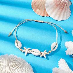 Synthetic Turquoise Beads with Natural Mixed Cowrie Shell Beads Anklet, Starfish Charm Anklet for Women, White, Inner Diameter: 1-1/2 ~3-7/8 inch(3.8~9.8cm)(AJEW-AN00577-01)