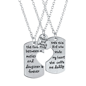 Family Alloy Quote Pendant Necklaces Sets, Split Heart with Word The Love Between a Mother and Daughter is Forever,Theres This Girl Who Stole My Heart She Calls Me Daddy, Platinum, 20.15 incehs(51.2cm), 3pcs/set