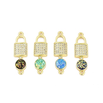 Brass Micro Pave Clear Cubic Zirconia Lock Connector Charms, with Synthetic Opal, Rack Plating, Cadmium Free & Lead Free, Long-Lasting Plated, Mixed Color, Real 18K Gold Plated, 27.5x8x3mm, Hole: 1.2mm