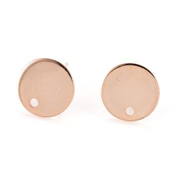Flat Plate 201 Stainless Steel Stud Earring Findings, with 304 Stainless Steel Pin, Flat Round, Real Rose Gold Plated, 10x0.8mm, Hole: 1.5mm, Pin: 0.8mm