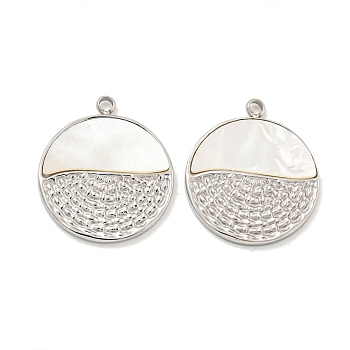 304 Stainless Steel Pendants, with Shell, Flat Round Charm, Stainless Steel Color, 18.5x16x2mm, Hole: 1.6mm