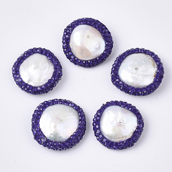 Polymer Clay Rhinestone Beads, with Natural Cultured Freshwater Pearl, Flat Round, Indigo, 19~22x19~21x5~8mm, Hole: 0.7mm