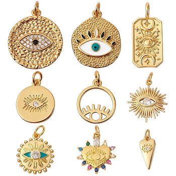 9Pcs 9 Style Brass Pendant Sets, with Cubic Zirconia, Enamel, Jump Rings, Mixed Shapes, Golden, 1pc/style