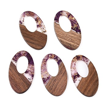 Transparent Resin and Walnut Wood Pendants, Hollow Oval Charms with Gold Foil, Purple, 49.5x28x4mm, Hole: 2mm, 