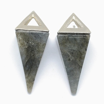 Natural Labradorite Pendants, with Alloy Findings, Triangle, Platinum, 34x14x14.5mm, Hole: 4x6mm