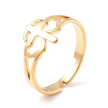 Double Heart with Cross 304 Stainless Steel Adjustable Ring for Women, Golden, Inner Diameter: US Size 7 1/4(17.5mm)