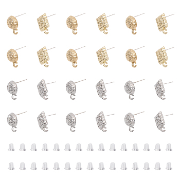 24Pcs 4 Styles Rack Plating Alloy Stud Earring Findings, with 925 Sterling Silver Pins and Vertical Loops, Hammered Half Round & Rectangle, with 30Pcs Plastic Ear Nuts, Platinum & Light Gold, 4~15.5x4~11x4~5.5mm, Hole: 0.5~2mm, Pin: 0.6mm, 6Pcs/style