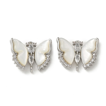 Brass Clear Cubic Zirconia Connector Charms, Natural White Shell Butterfly Links, Platinum, 16x20x4.5mm, Hole: 1.2mm