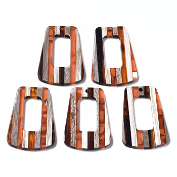 Resin & Walnut Wood Pendants, Trapezoid, Dark Orange, 38x27x3mm, Hole: 2mm