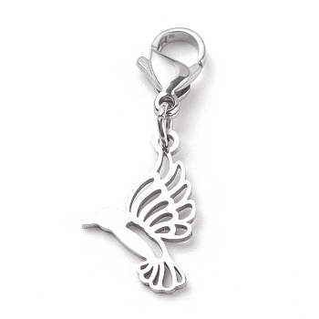 201 Stainless Steel Bird Pendant Decorations, Lobster Clasp Charms, for Keychain, Purse, Backpack Ornament, Stainless Steel Color, 32mm
