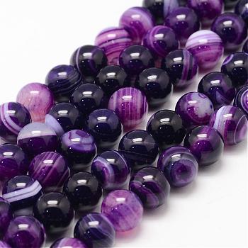 Natural Striped Agate/Banded Agate Bead Strands, Round, Grade A, Dyed & Heated, Purple, 10mm, Hole: 1mm, about 37~38pcs/strand, 14.5 inch