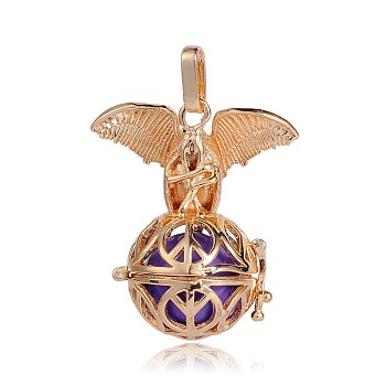 Golden Plated Brass Hollow Round Cage Pendants, with No Hole Spray Painted Brass Beads, Blue Violet, 38x31x20mm, Hole: 3x8mm