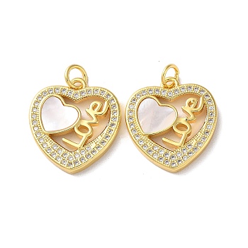 Valentine"s Day Brass Micro Pave Clear Cubic Zirconia Pendants, with Shell, Heart, Real 18K Gold Plated, 19.5x18x3mm, Hole: 3.5mm