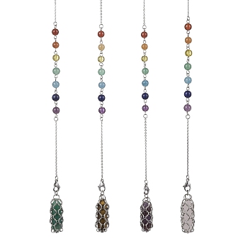 Mixed Synthetic & Natural Round Gemstone Pointed Dowsing Pendulums, Macrame Pouch Stone Holder, with 304 Stainless Steel Cable Chains, Bullet Charm, 10-1/8~10~1/2 inch(257~265mm), Hole: 2mm, Pendants: 33x12mm