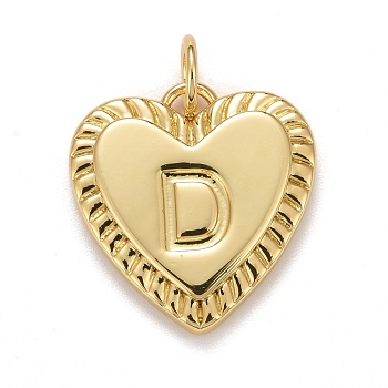 Rack Plating Real 18K Gold Plated Brass Pendants, with Jump Rings, Long-Lasting Plated, Lead Free & Cadmium Free & Nickel Free, Heart with Letter A~Z, Letter.D, 16x15x2.5mm, Jump Ring: 5x0.5mm, 3mm Inner Diameter