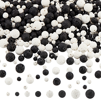 8 Styles Natural Lava Rock Round Beads, Round, Black & White, Mixed Color, 4~10mm, Hole: 1mm