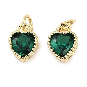 Real 18K Gold Plated Brass Inlaid Cubic Zirconia Charms, with Jump Ring, Long-Lasting Plated, Heart, Green, 8.5x7x4mm, Jump Ring: 4x0.5mm, 2.5mm Inner Diameter