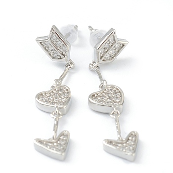 Brass Micro Pave Clear Cubic Zirconia Dangle Stud Earrings, with Ear Nuts, Arrow & Heart, Platinum, 37mm, Pin: 0.6mm