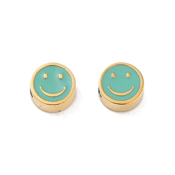 Ion Plating(IP) 304 Stainless Steel Enamel Beads, Flat Round with Smiling Face, Golden, Dark Turquoise, 5x2.5mm, Hole: 1.2mm